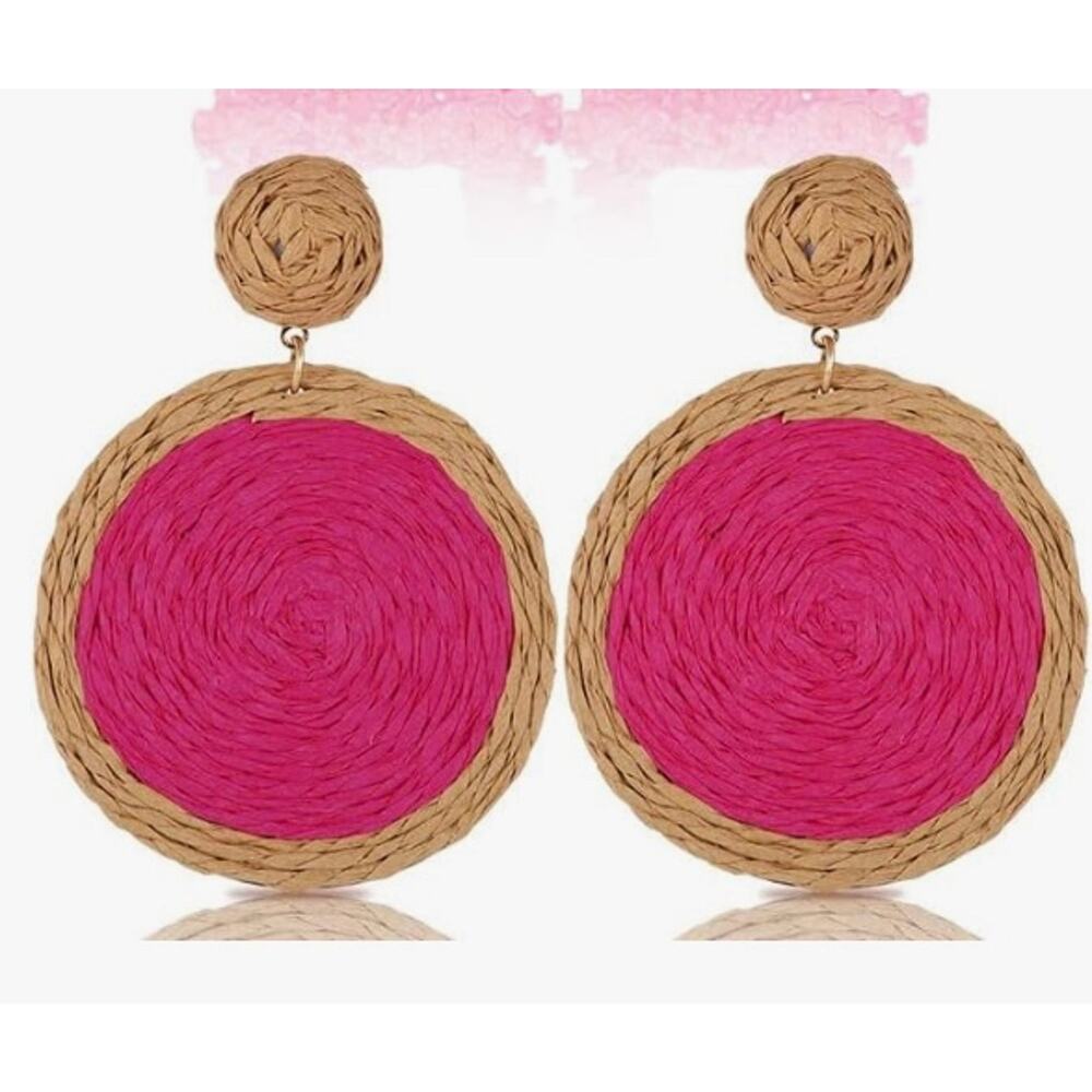 Pink Raffia Circle Drop Earrings*
